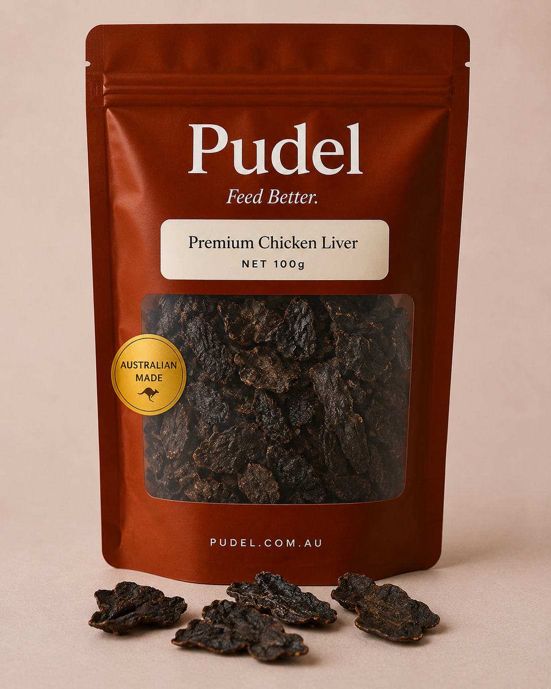 Pudel air-dried chicken liver treats for senior dogs on linen