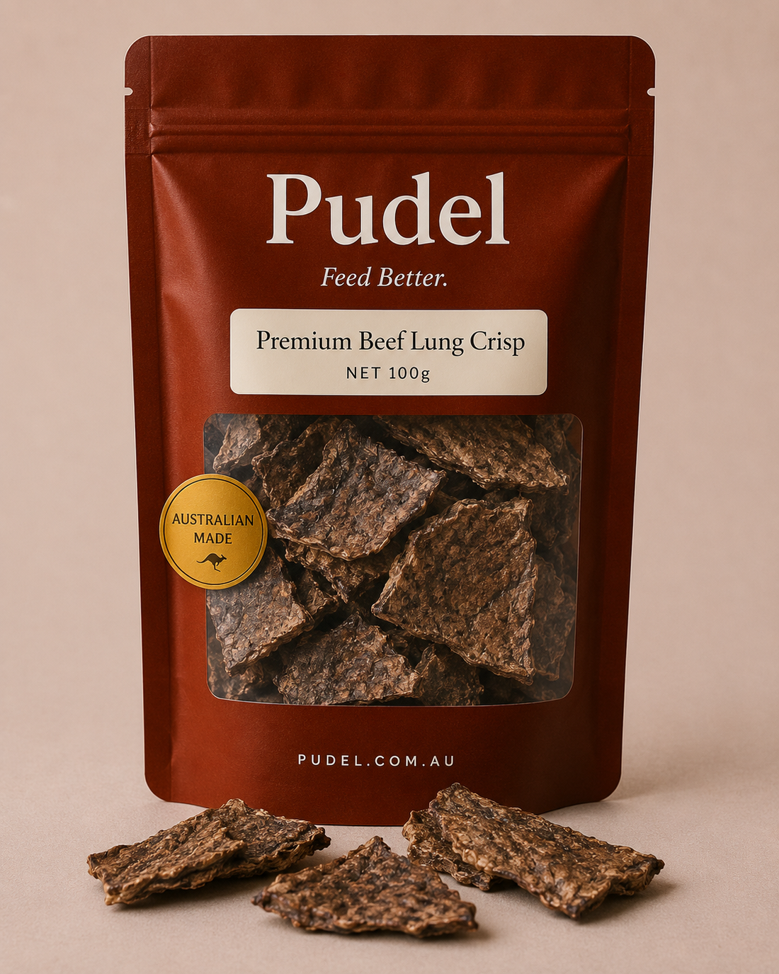 Pudel air-dried beef lung crisps for dogs on linen