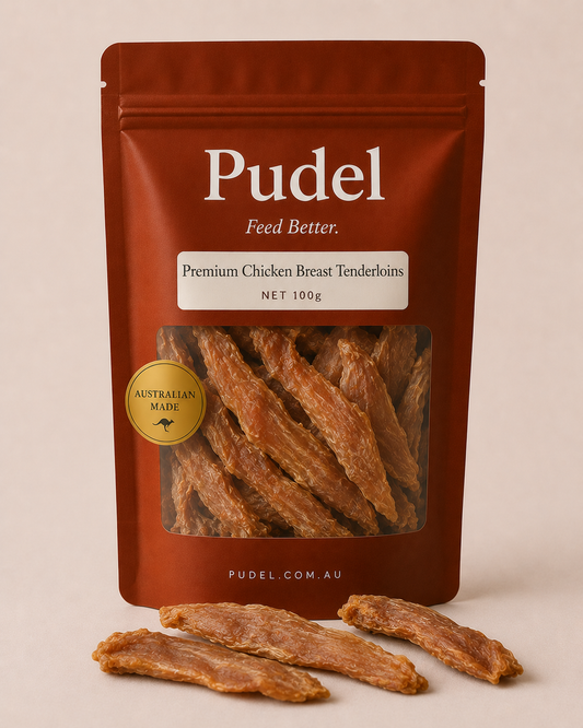 Pudel air-dried chicken breast jerky tenderloins for dogs on linen