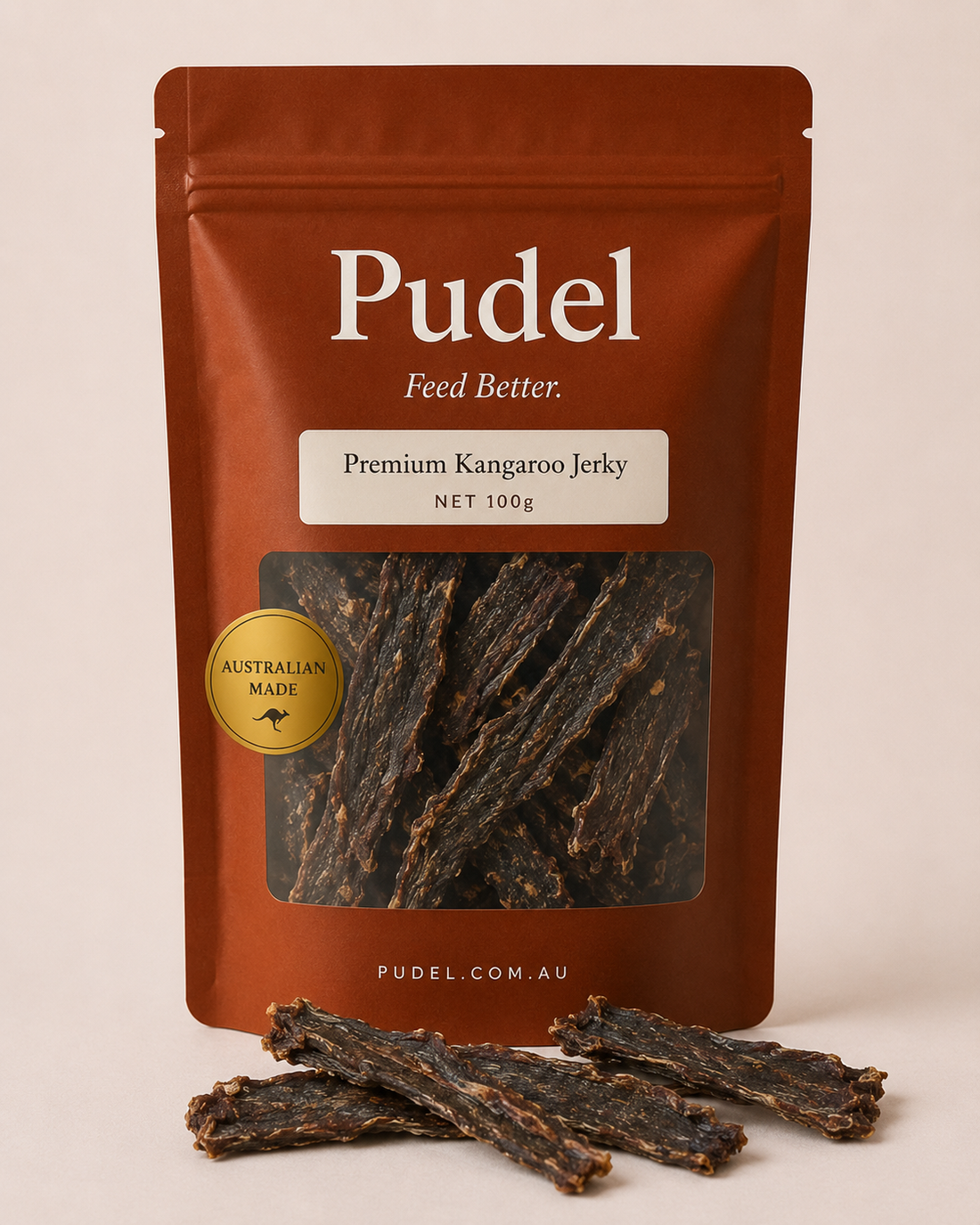Pudel air-dried kangaroo jerky for dogs on linen