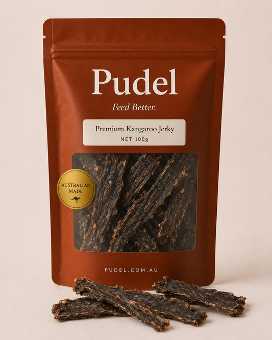Pudel air-dried kangaroo jerky for dogs on linen