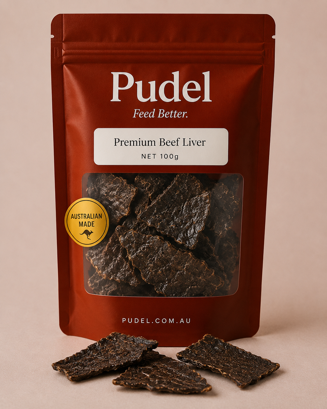 Pudel air-dried beef liver for dogs on linen