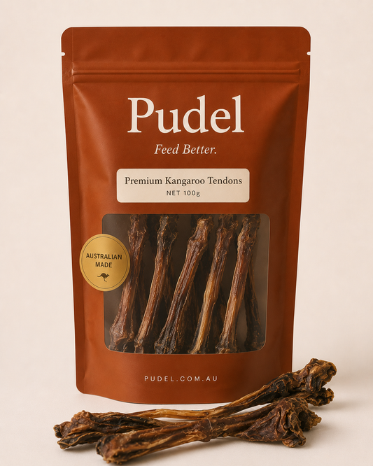 Pudel air-dried kangaroo tendon for dogs on linen