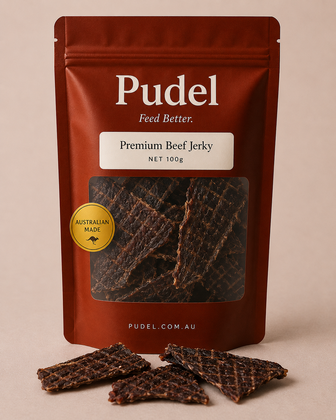 Pudel naturally dried beef jerky for dogs on linen