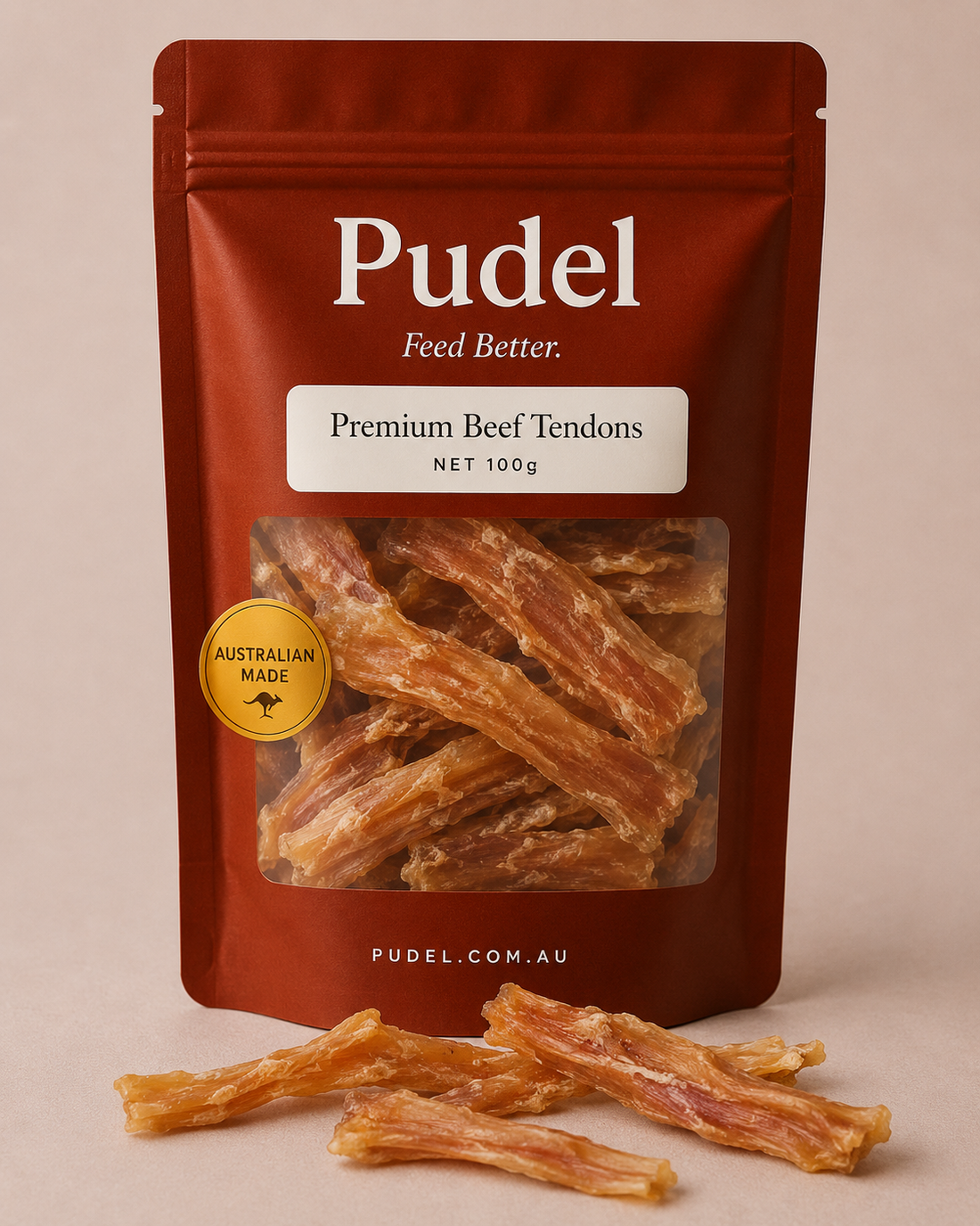 Pudel air-dried beef backstrap (paddywack) dog chew on linen