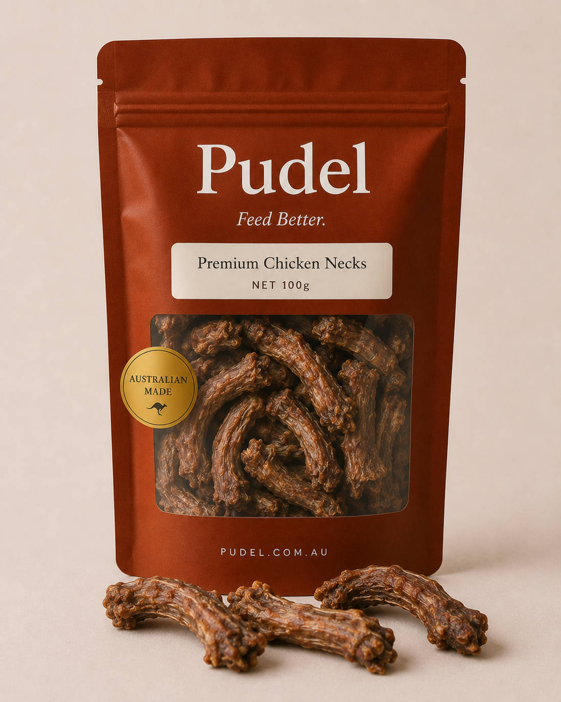 Pudel air-dried chicken necks for dogs on linen