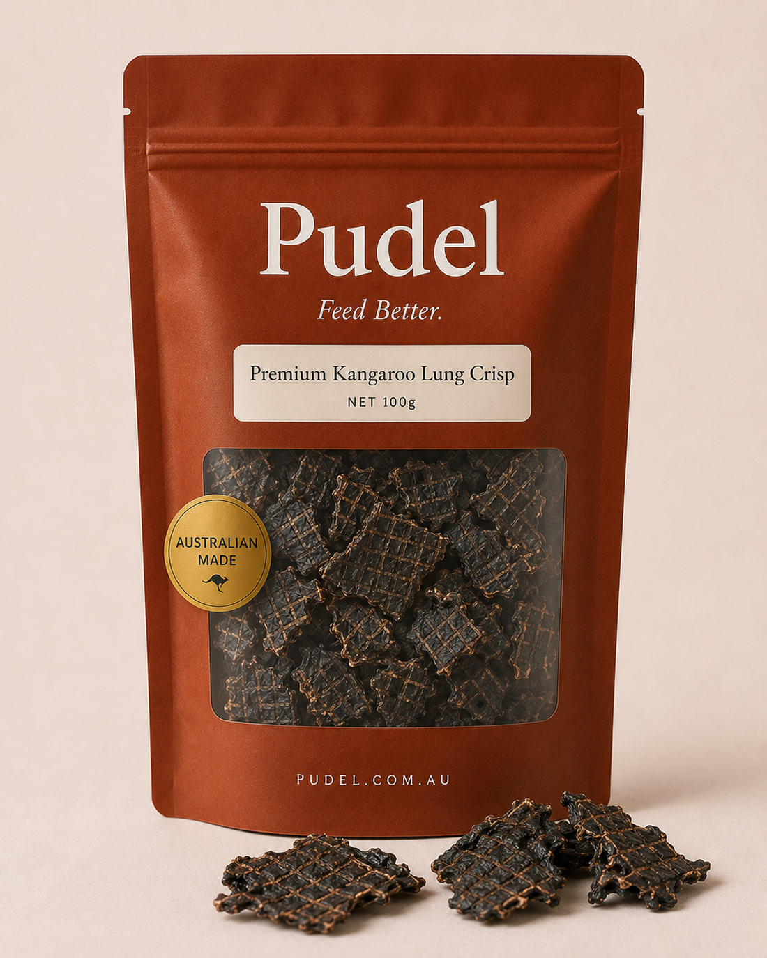 Pudel air-dried kangaroo lung crisp for dogs broken into small pieces on linen