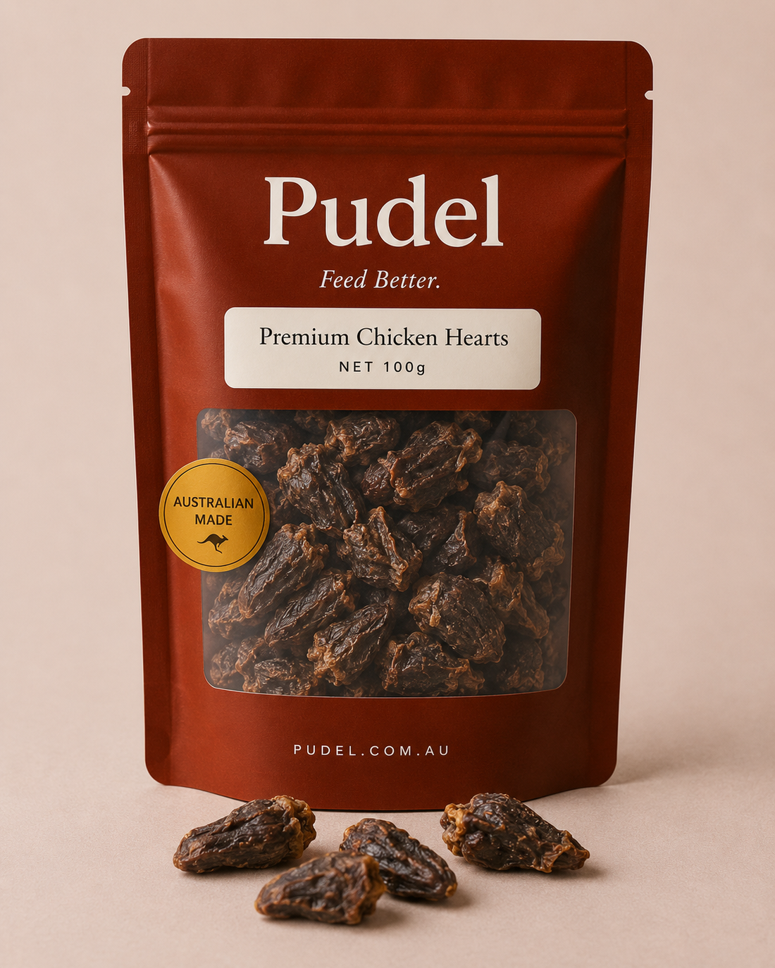 Pudel air-dried chicken hearts for dogs on linen
