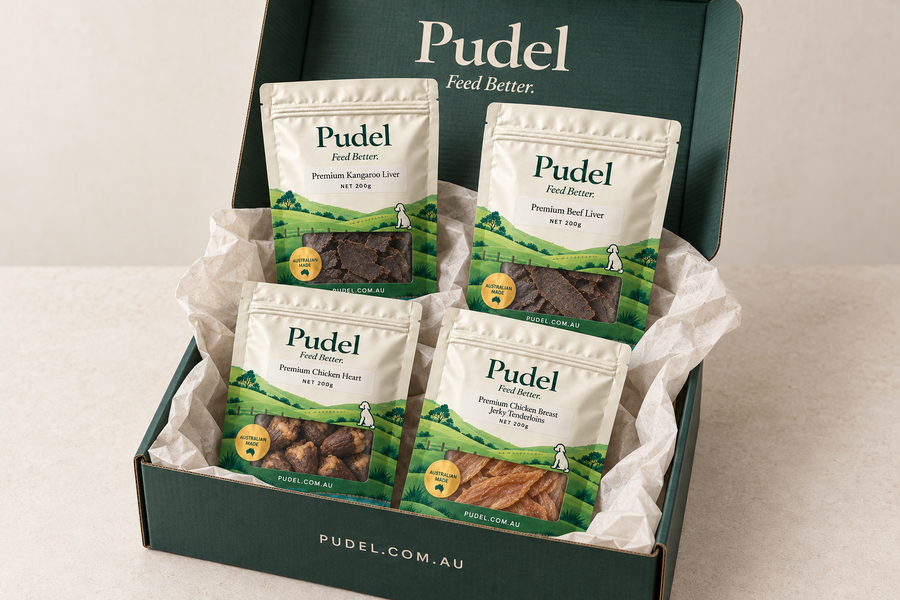 Four Pudel 200g treat packs in a Spruce Green presentation box