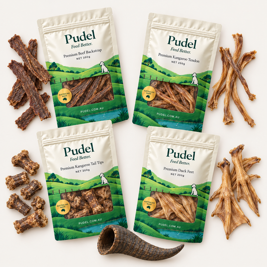 Pudel Chewer’s Box: four 200g bags of beef backstrap, kangaroo tendon, kangaroo tail tips and duck feet, plus a medium goat horn.