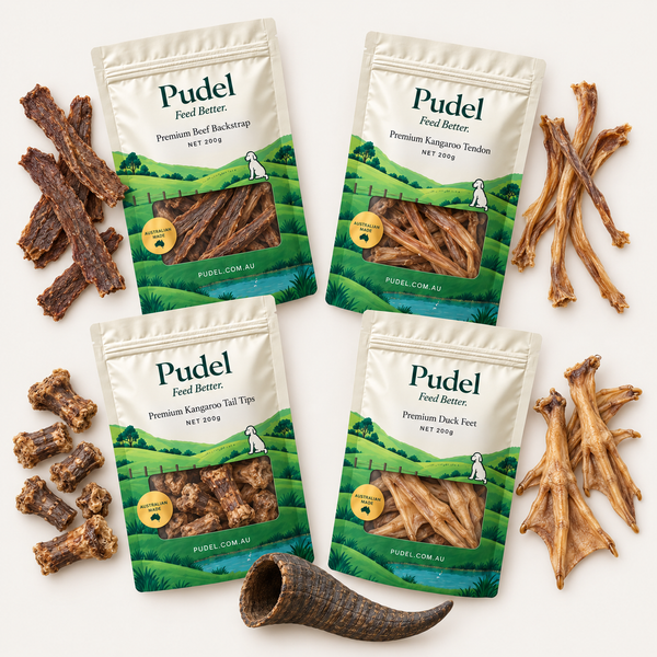 Pudel Chewer’s Box: four 200g bags of beef backstrap, kangaroo tendon, kangaroo tail tips and duck feet, plus a medium goat horn.