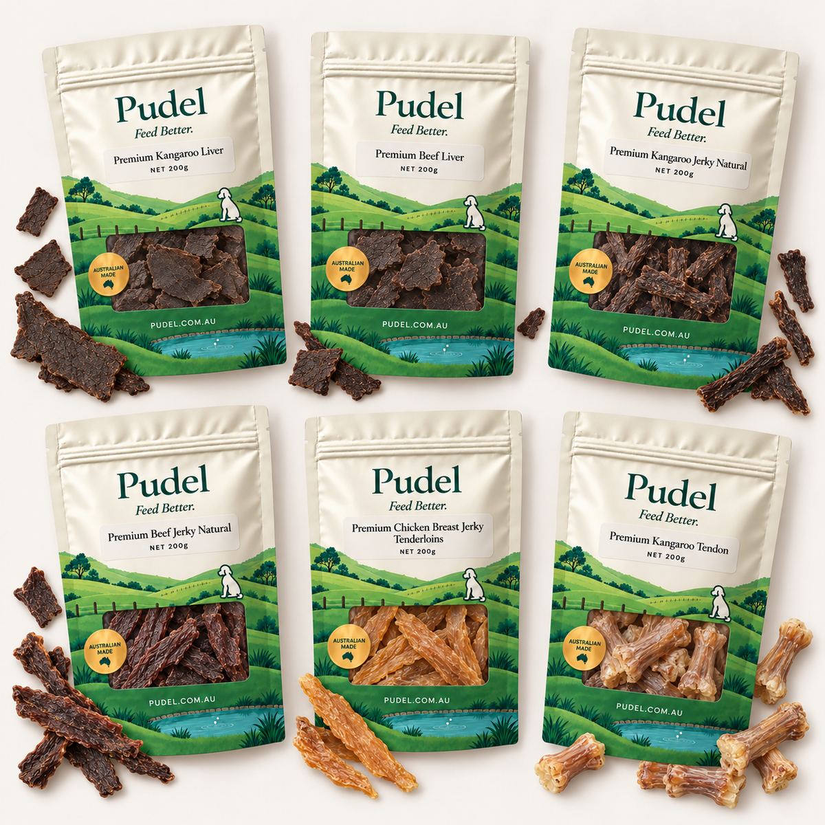 Complete Variety: 6 separate 200g Pudel treat bags