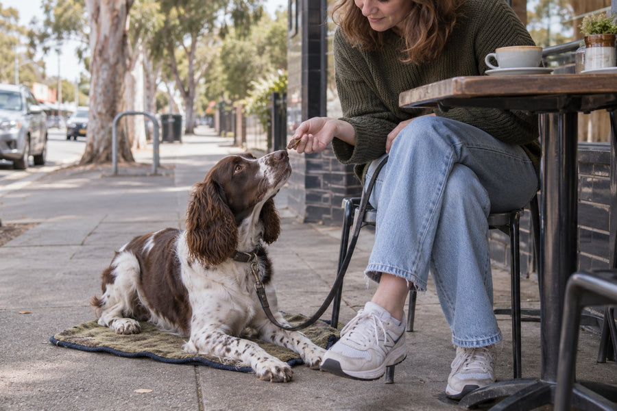 Spaniel calmly receiving a small treat beside its owner at an Australian café
