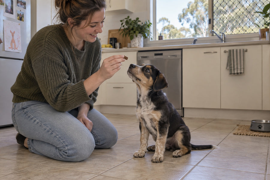 Puppy learning to sit for a reward in a kitchen