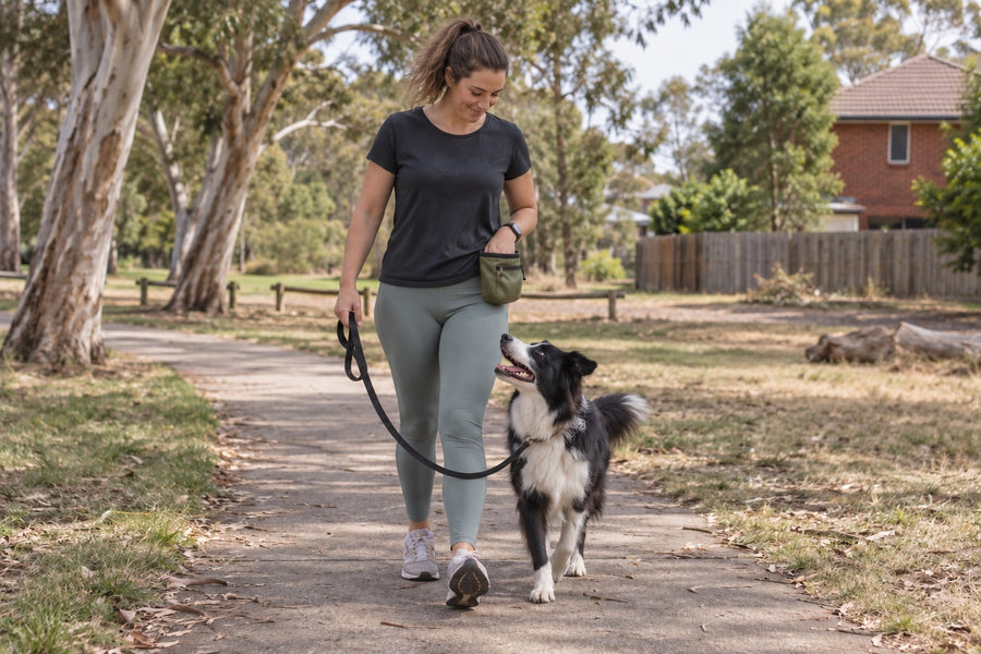 Border collie heeling beside an owner with her hand in a treat pouch