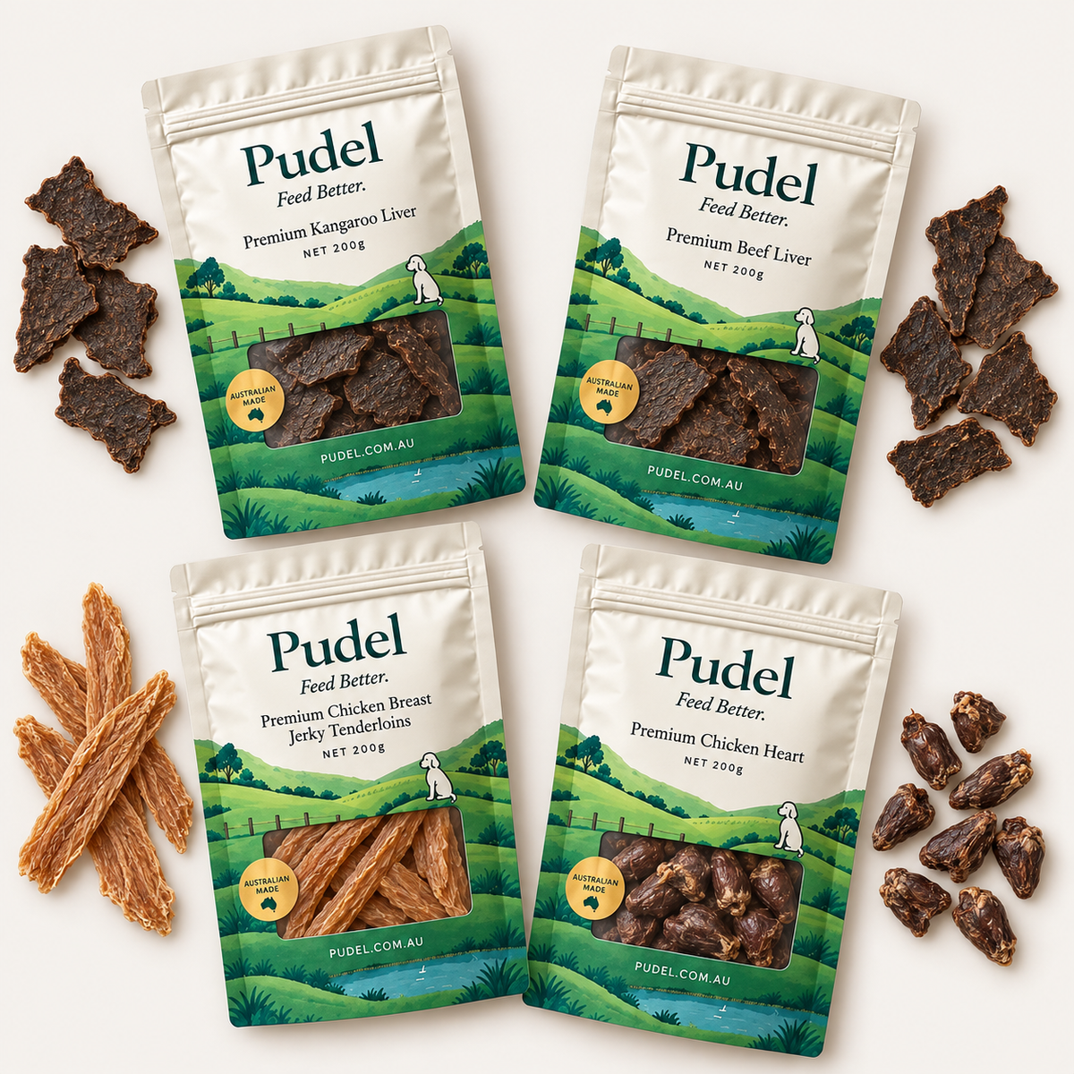 Pudel Starter Pack: four 200g treat bags with kangaroo liver, beef liver, chicken breast jerky and chicken heart.