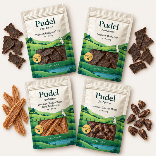 Pudel Starter Pack: four 200g treat bags with kangaroo liver, beef liver, chicken breast jerky and chicken heart.