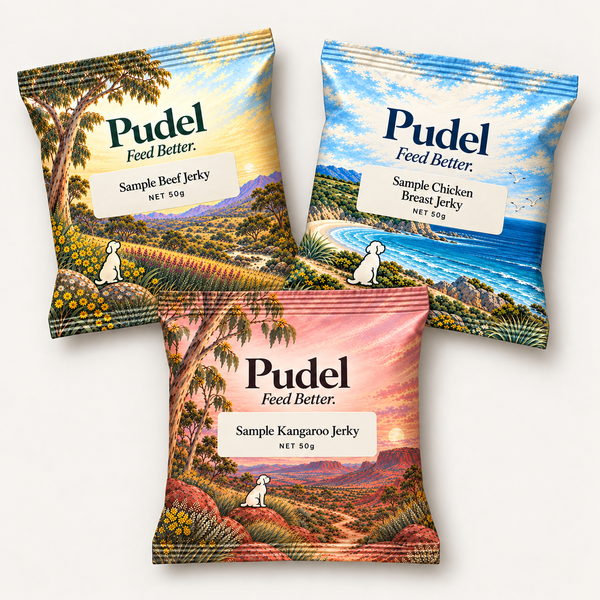 Pudel Test Pack: three 50g samples of beef jerky, chicken breast jerky and kangaroo jerky.
