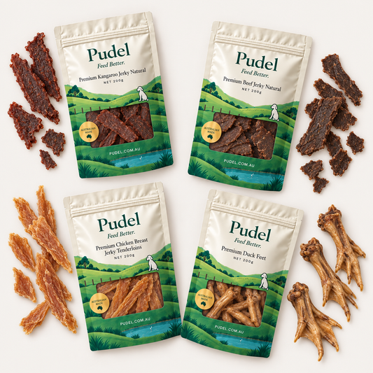 Pudel Variety Pack: four 200g bags of kangaroo jerky, beef jerky, chicken breast jerky and duck feet.
